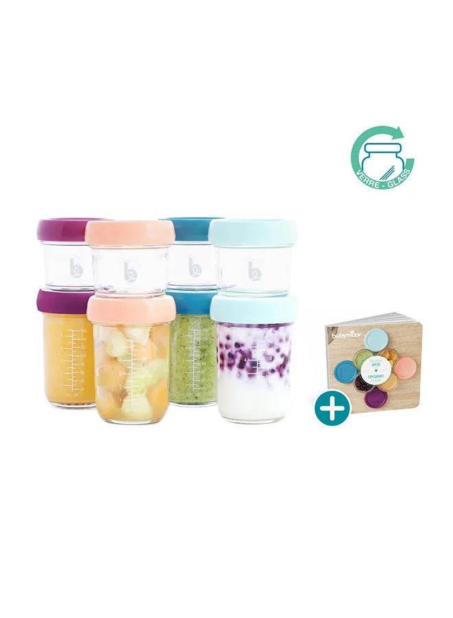 Premium Glass Baby Food Storage Containers Set (8 Piece, 4 x 240 mL and 4 x 120 mL) Airtight Leak-Proof Bowls with Recipe Book cgtrt