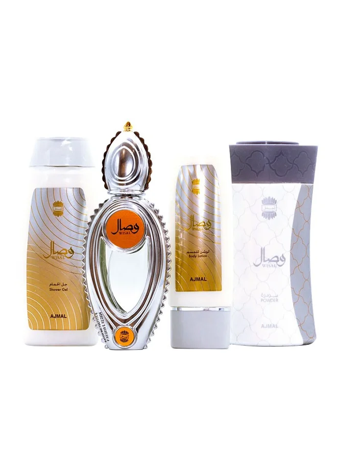 Ajmal Wisal Fragrance Gift Set for Women (50 mL Spray, 200 mL Shower Gel, 100 mL Lotion, 80 g Powder) gm0o1