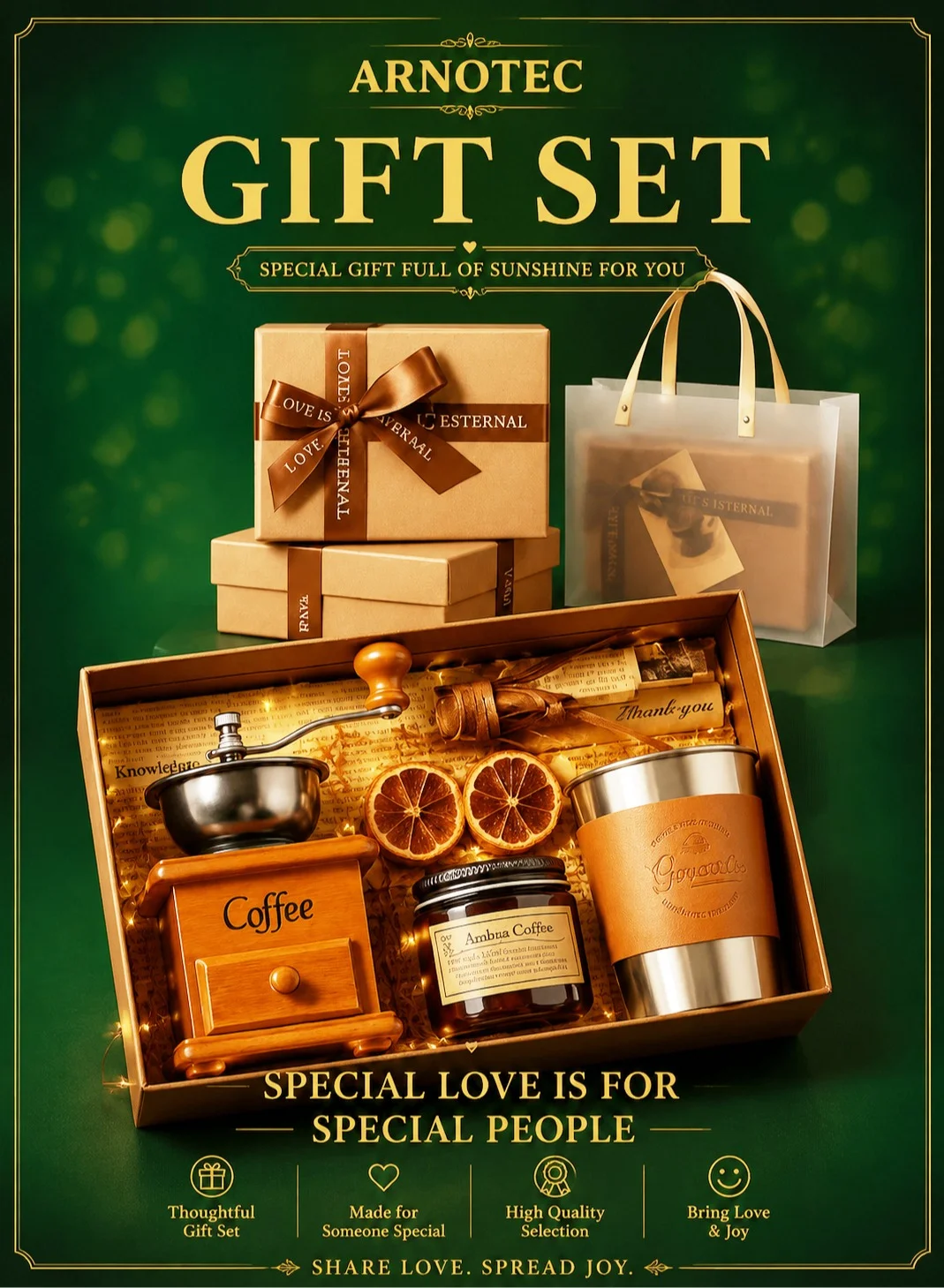 ARNOTEC Manual Coffee Grinder Gift Set with Stainless Steel Leather Cup and Aromatherapy Candle (Premium Wood, 1 Set) l932f