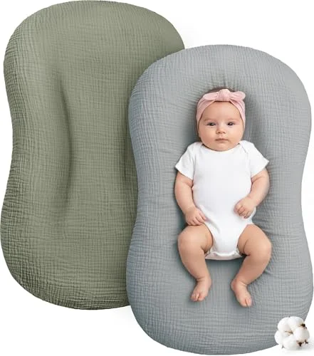 Pro Goleem Muslin Baby Lounger Cover (2 Pack, Soft Cotton, Breathable, Envelope Closure, Gray Green, For Infants) lkxfo