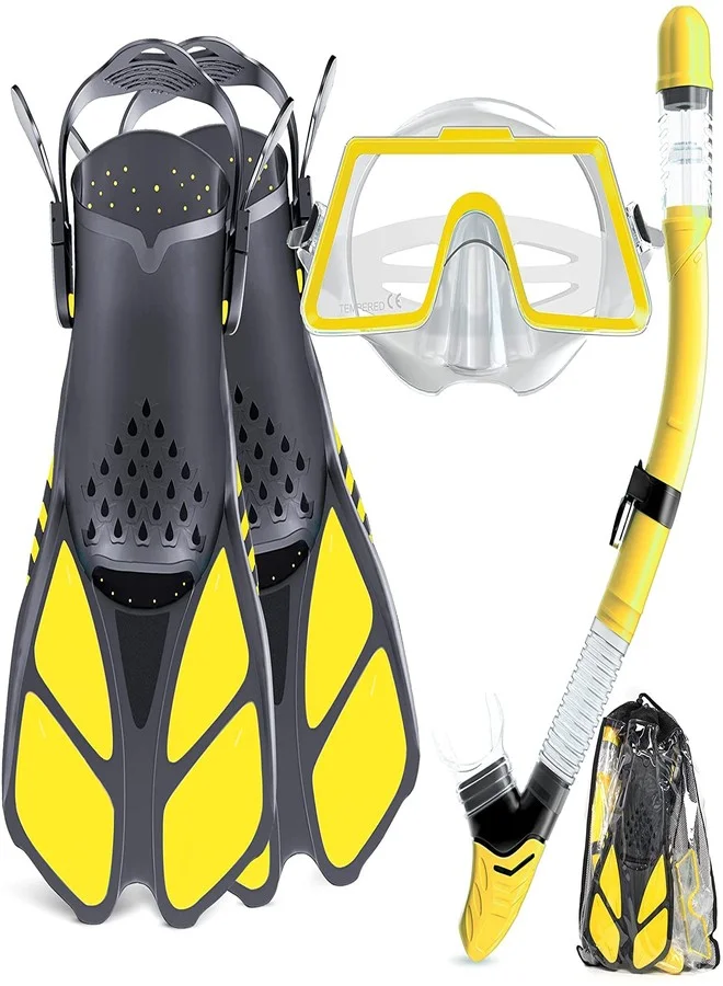 VBM Snorkeling Gear Set Adult Scuba Mask Foldable Snorkel Adjustable Fins (Yellow, One Size) ow5w4