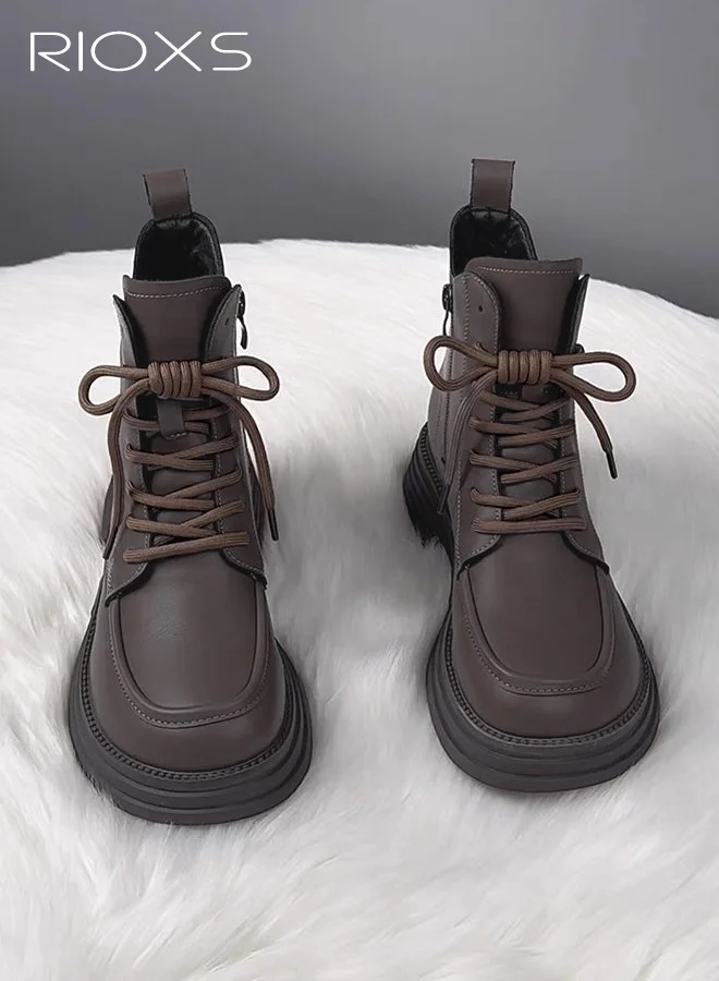 RIOXS Women's Ankle Boots Platform Lace-up Combat Booties Mid-Heel Chunky Lug Sole (Brown) a9upy