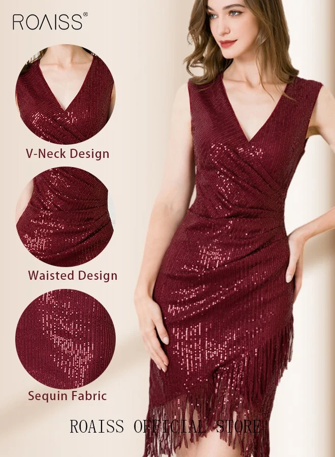 Roaiss Elegant Sequin Evening Dress for Women V-Neck Sleeveless Knee-Length Formal Party Gown (Red) 89cvi