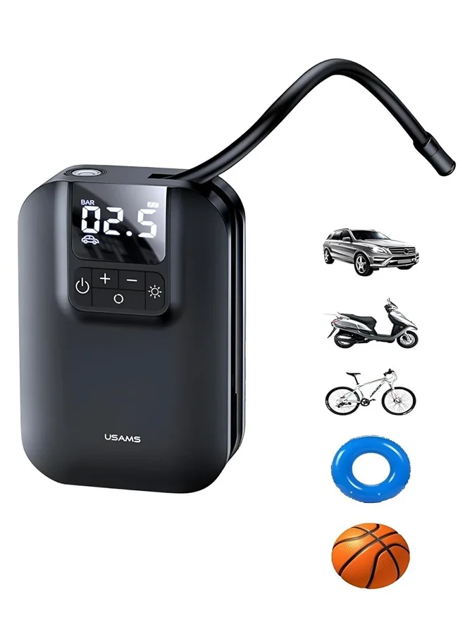Usams Portable Car Air Pump with 5000mAh Battery - Digital Tire Inflator with Auto-Stop & LED Display (Black, 1 Unit) lf0uw