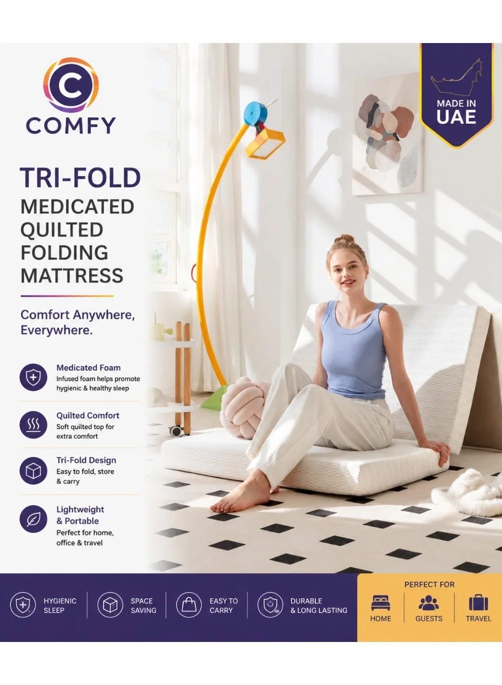 Premium Tri-Folding Portable Single Mattress (White, 190 cm x 90 cm) qtn0j