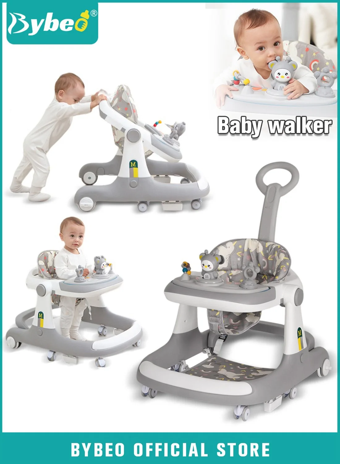 Bybeo 3-in-1 Baby Walker with Parent Push Handle and Comfortable Seat Cushion for Infants (6 Months+) qv272