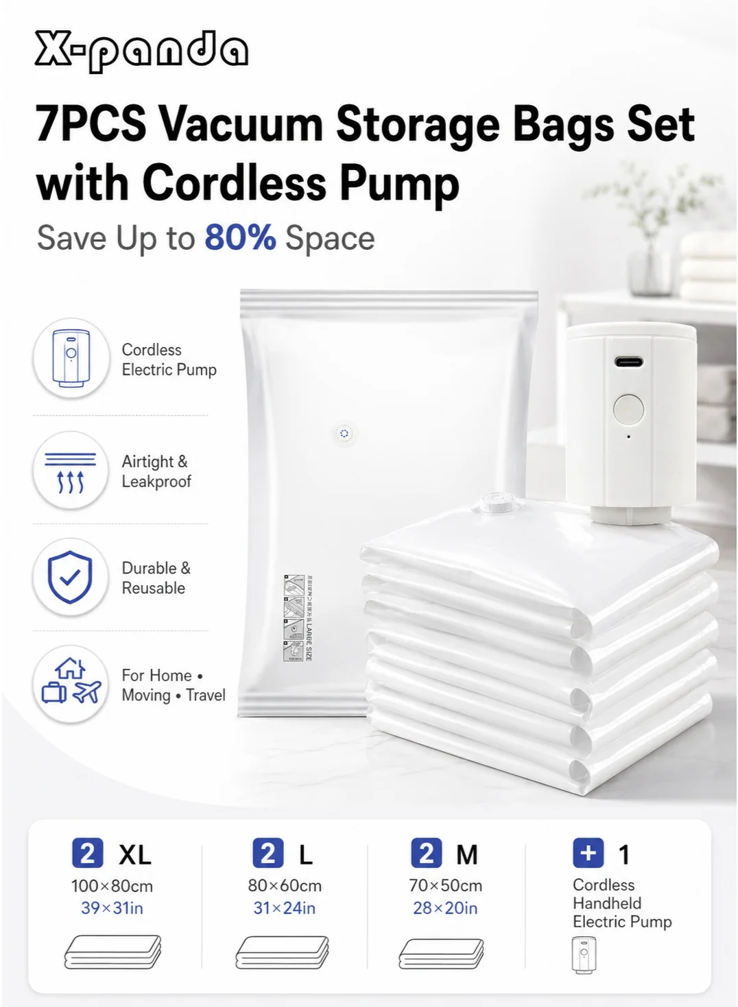 X-Panda Vacuum Storage Bags Set with Cordless Electric Pump (7-Pack Reusable Space Saver Bags, Assorted Sizes) bwgh7