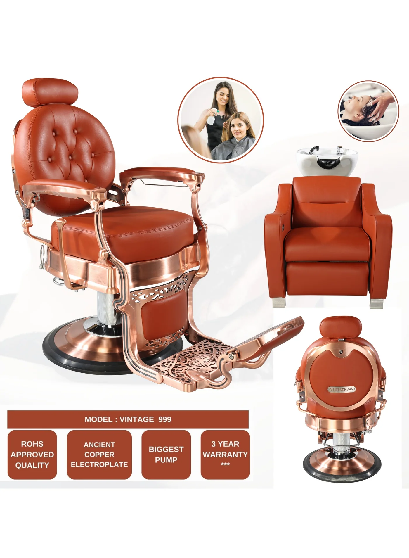 Vintage Professional Barber Chair and Shampoo Station Set (Burgundy, Hydraulic System) for Salon and Spa 921uj