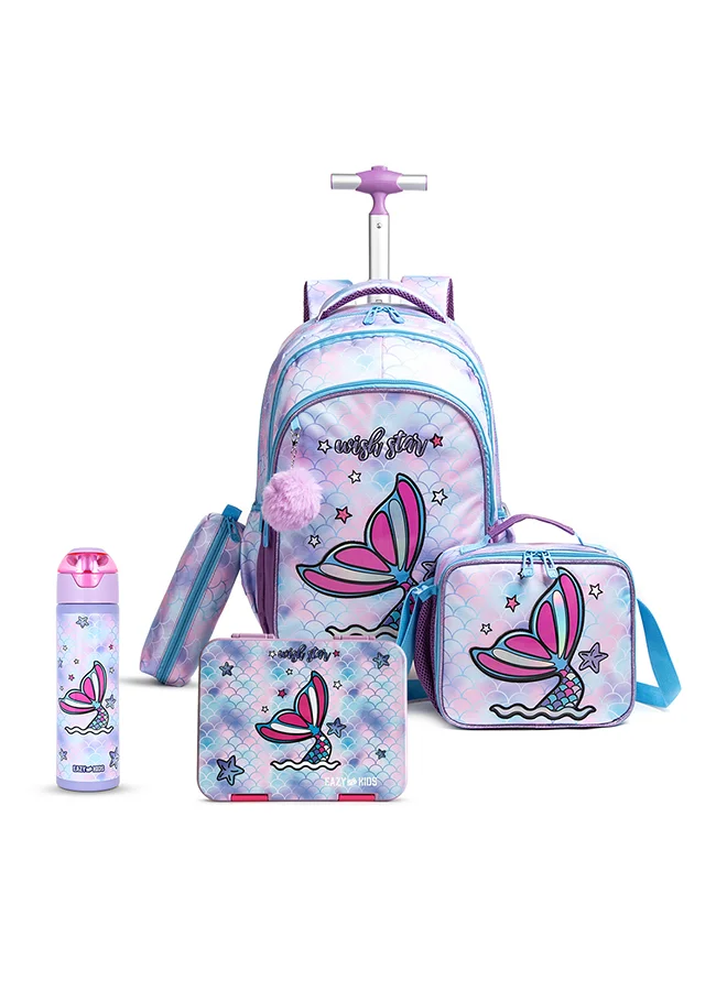 Eazy Kids 5-Piece Mermaid Trolley School Bag Set with Lunch Box and 640 mL Water Bottle (Purple, 18 Inch) p7ibn