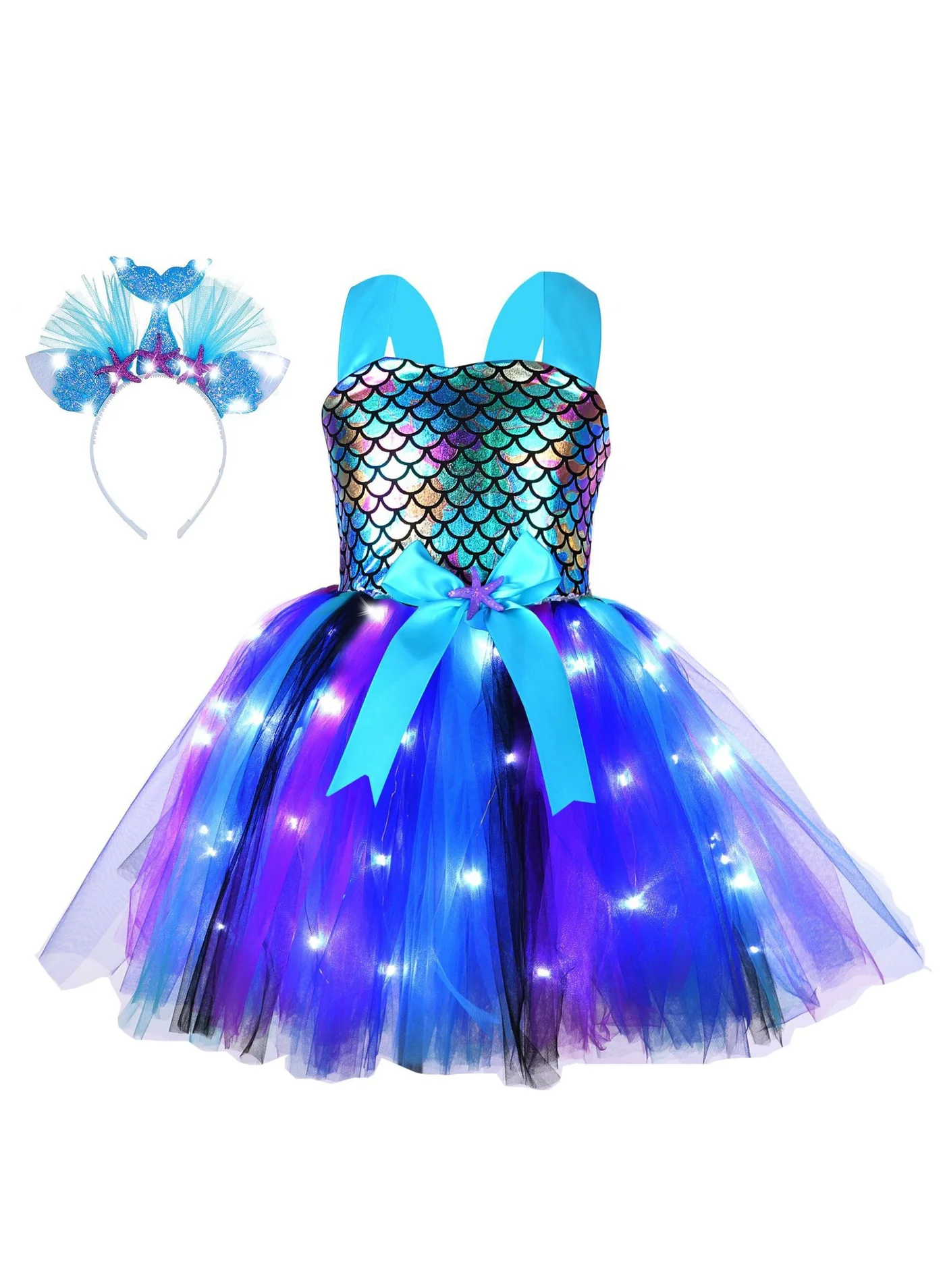 GUDOO Mermaid Princess Dress with LED Lights for Girls (L, 5-6 Years) fjgjk