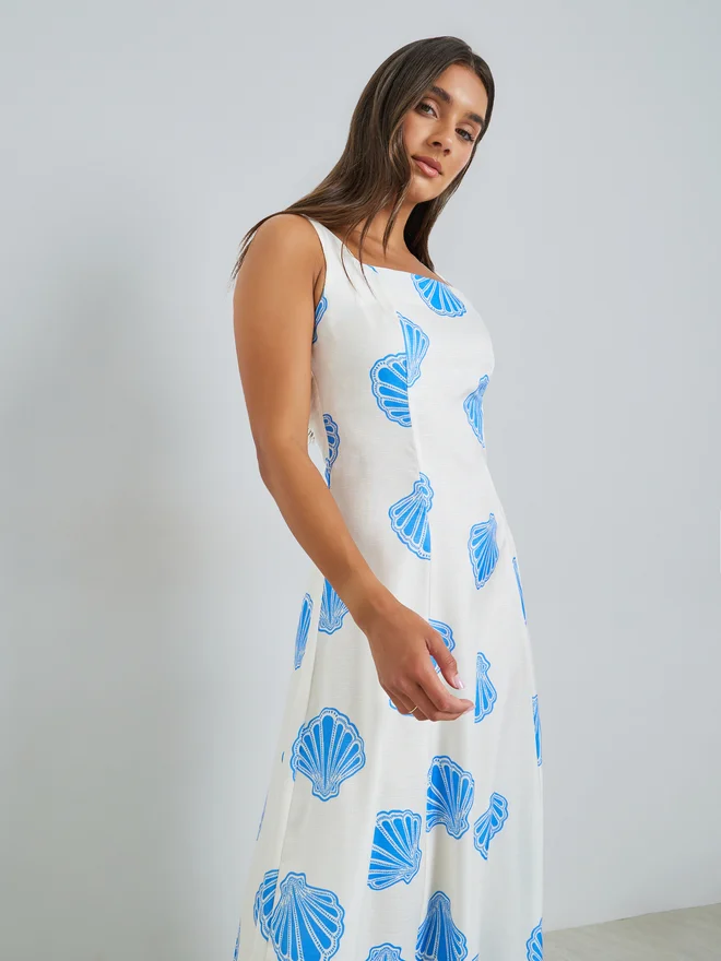 Styli Blue Seashell Print A-Line Maxi Dress Premium Flowy Summer Casual Wear (Blue, One Size) qps65