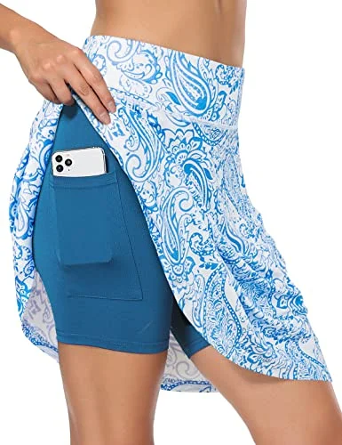 Fulbelle Women's Athletic Skort Paisley Print Golf Tennis Skirt with Pockets (Blue, Large) gdp7h