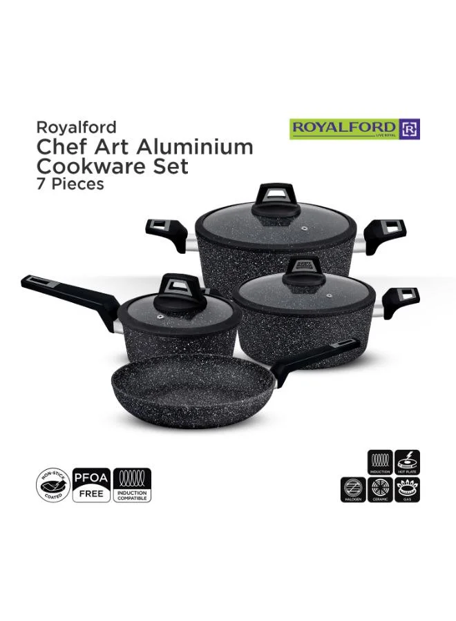 Royalford 7-Piece Aluminium Cookware Set with Granite Coating and Tempered Glass Lids (Black, 54x20x33cm) g5nml