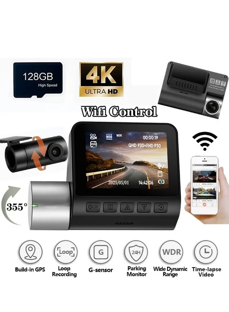 ZetRA 4K Dual-Lens Dash Cam Front and Rear Drive Recorder with WiFi Smart Control and 128GB Storage (Black, 1 Unit) p71yo