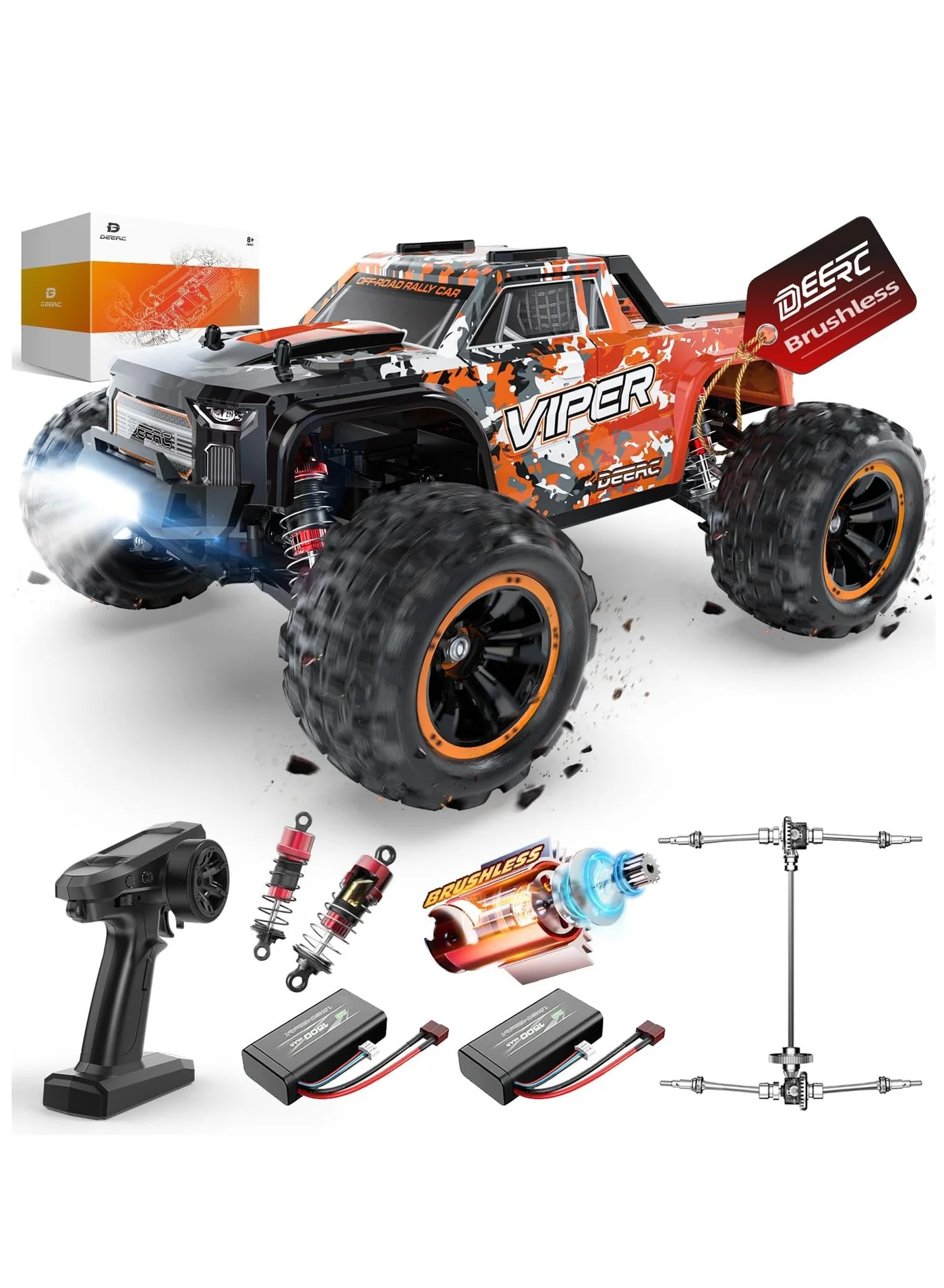 Premium 1:16 Brushless RC Monster Truck 4X4 Off-Road High-Speed Hobby Vehicle for Adults and Kids (Red, 2 Batteries) xc5fb