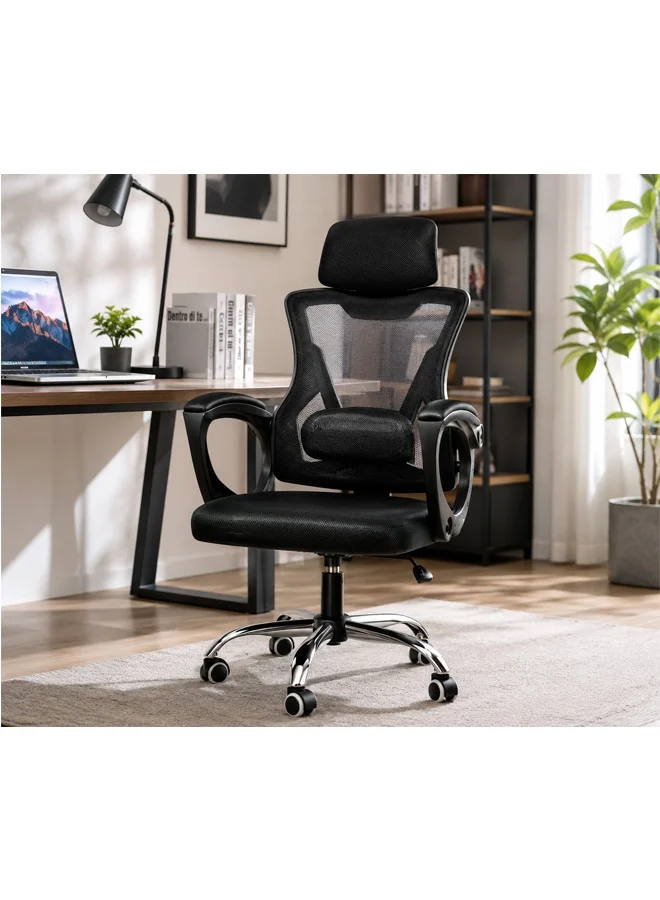 NKX Ergonomic High-Back Mesh Office Chair with Adjustable Headrest and Lumbar Support (Black, 120 cm) lre5t