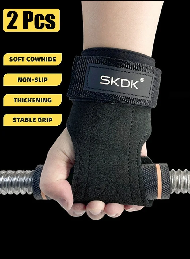 SKDK Weightlifting Wrist Straps, Double Layer Leather Gym Lifting Support for Deadlift and Powerlifting (Black, 2 Pack) 0liv3