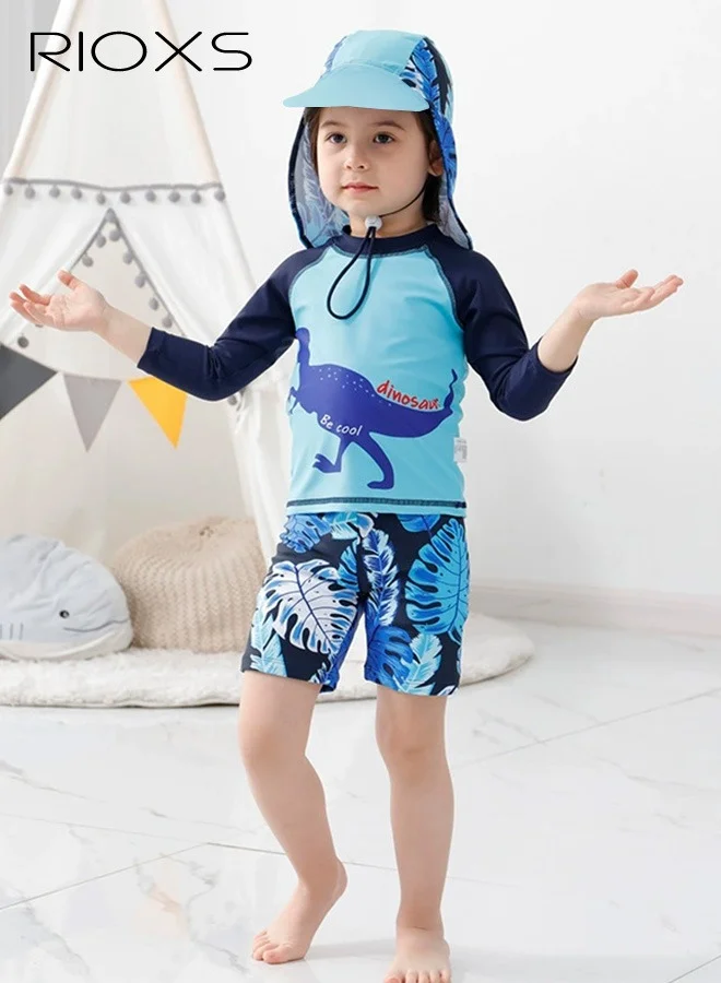 RIOXS Boys 3-Piece Rash Guard Swimwear Set Long Sleeve Swimsuit with Cap (Blue, 120cm) l53ar