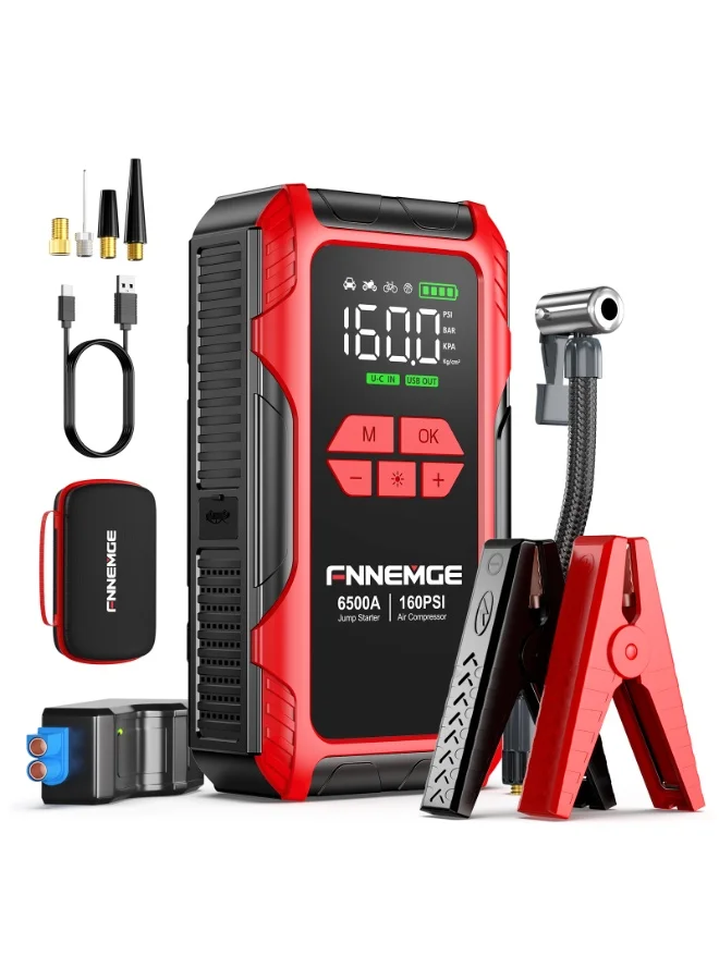 FNNEMGE 4-in-1 Portable Jump Starter with Air Compressor 6500A 26800mAh 12V (For Gasoline and Diesel Vehicles, 160PSI) 86a1z