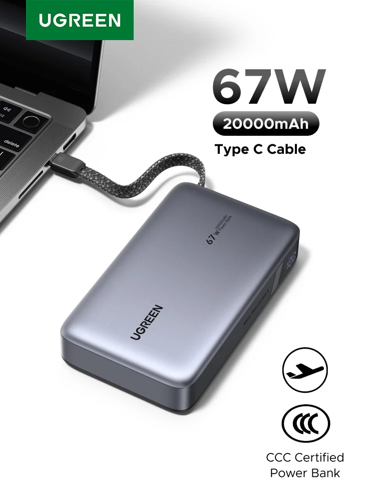 Ugreen 20000mAh 67W Laptop Power Bank with Built-in Cable, Fast Charging Portable Charger for Smartphones and Tablets (20000mAh, 67W) 1pz5v