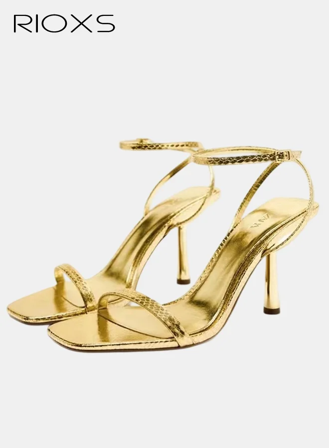 RIOXS Women's Kitten Heels Sandals Square Open Toe Ankle Strap Dress Shoes (Gold) h8nfb