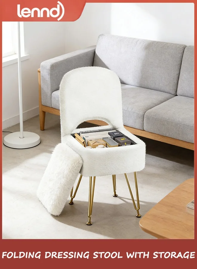LENND Small Vanity Stool with Storage and Folding Back, Premium Faux Fur Ottoman with Metal Legs (White, 40 cm x 40 cm x 45 cm) xk3n1