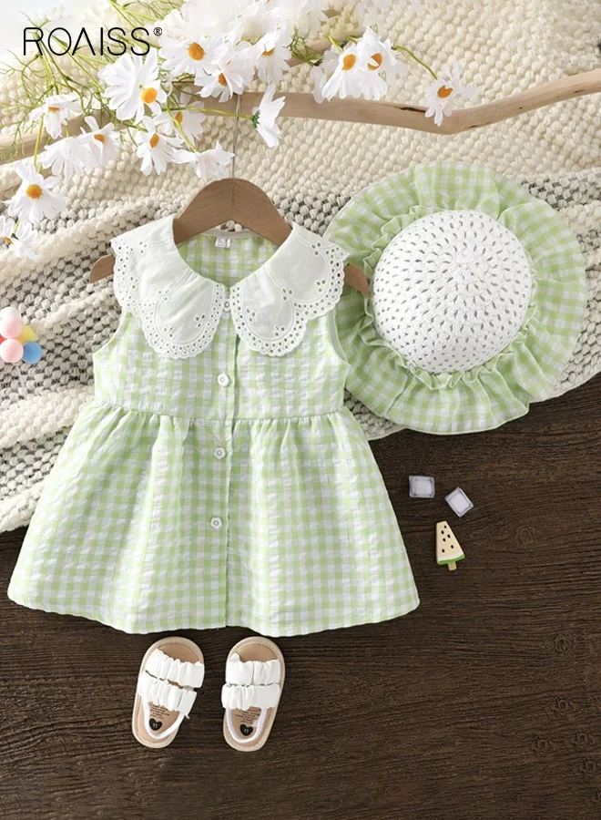 Roaiss Girls Summer Dress Set with Sunhat, Peter Pan Collar Sleeveless A-line Frock, Premium Cotton Blend Checkered Outfit for Kids (Multi-Color, 110cm) zpwrf