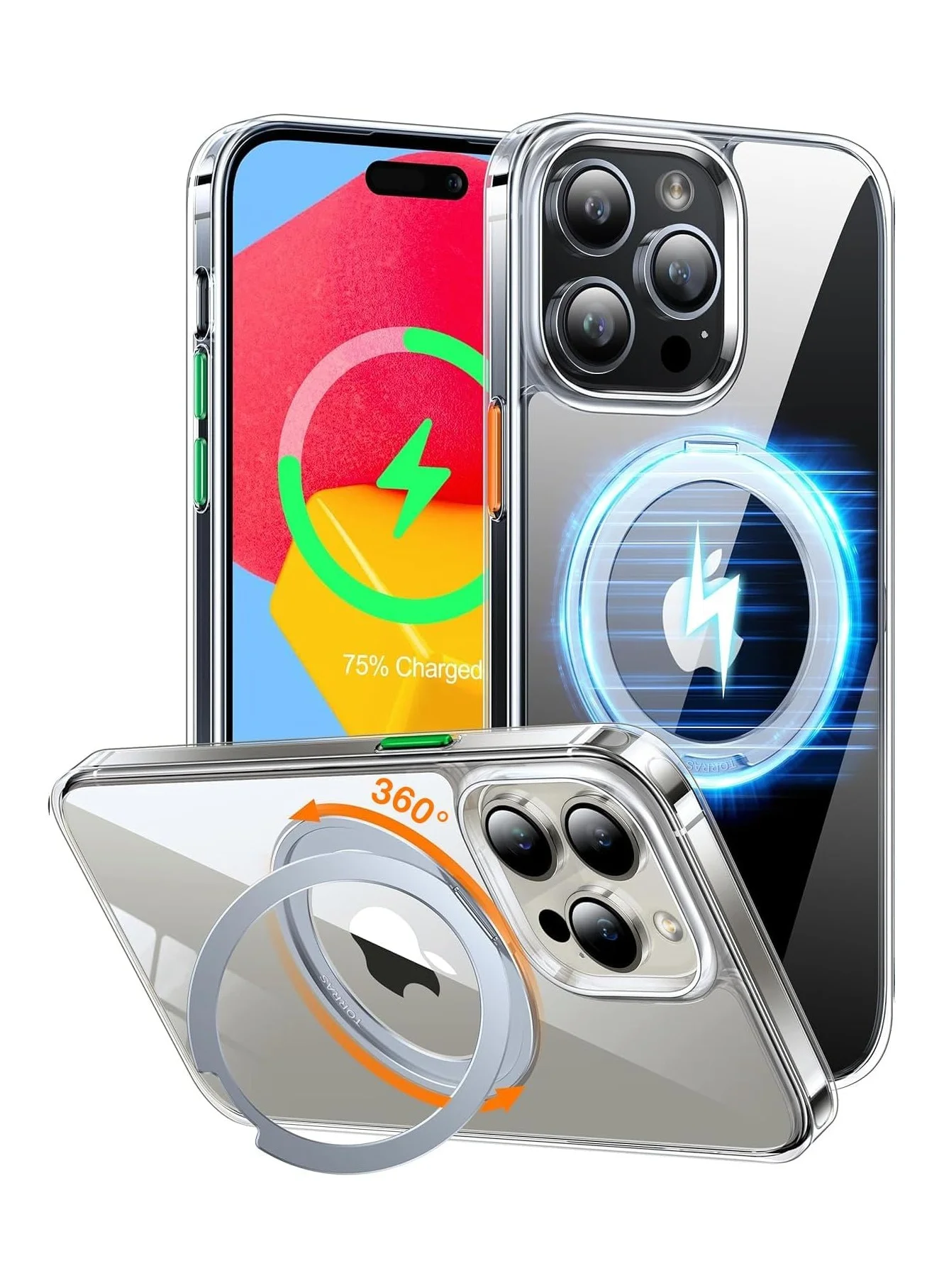 Premium Magnetic Shockproof Protective Case with 360¡ã Rotatable Ring Stand for Smartphone (Clear, 15.5 cm) 8uxiu