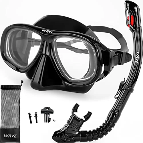 Wave Prescription Snorkel Mask Set with Dry Snorkel and Camera Mount (Adult, Adjustable) htxgs