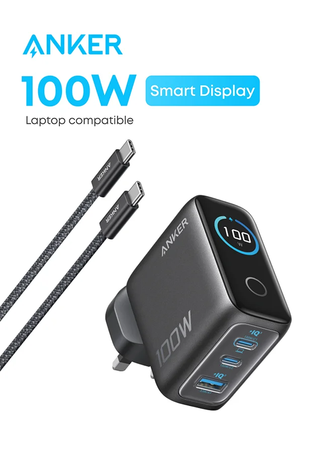 Premium 100W GaN USB-C Wall Charger with Smart Display and 3-Port Fast Charging (Grey) wjkhf