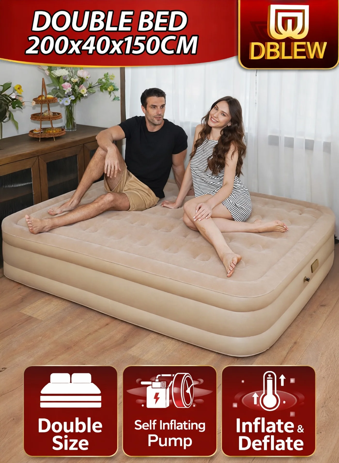 DBLEW Double Size Inflatable Air Mattress with 2 Pillows and Rechargeable Pump (200x150x40 cm) ef6sj