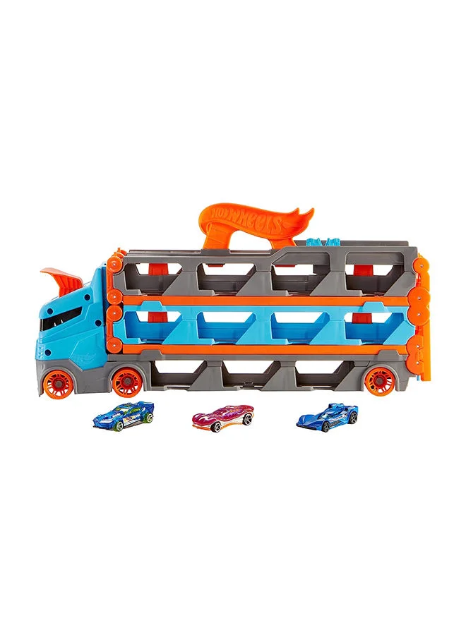Premium Transforming Speedway Hauler Semi-Truck with 183 cm Drag Race Track and 3 Die-Cast Cars (Kids Vehicle Playset) fqkik