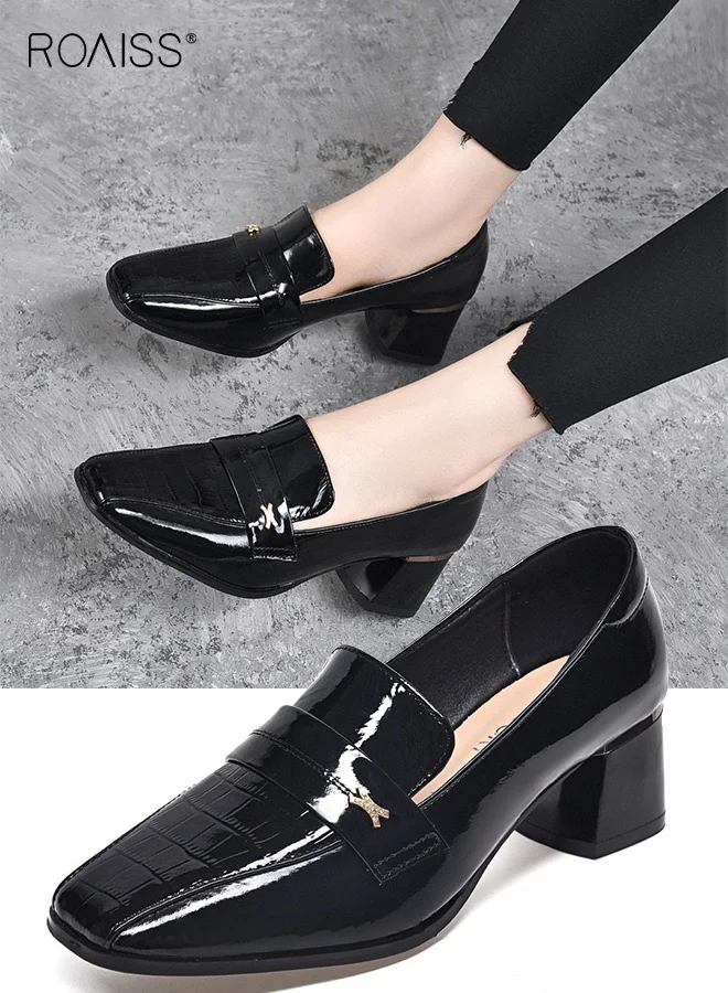 Roaiss Women's Office Pumps British Style Square Toe PU Leather Mid Chunky Heel Shoes (Black, 38) gxfaf