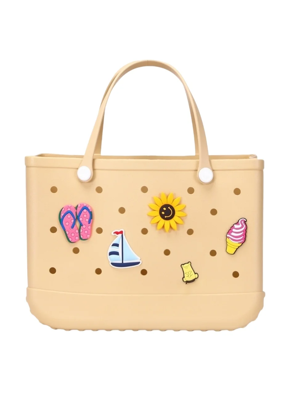 Premium EVA Rubber Beach Tote Bag with 5 Summer Charms Waterproof Durable Carryall for Women (Beige, Medium) e9uka