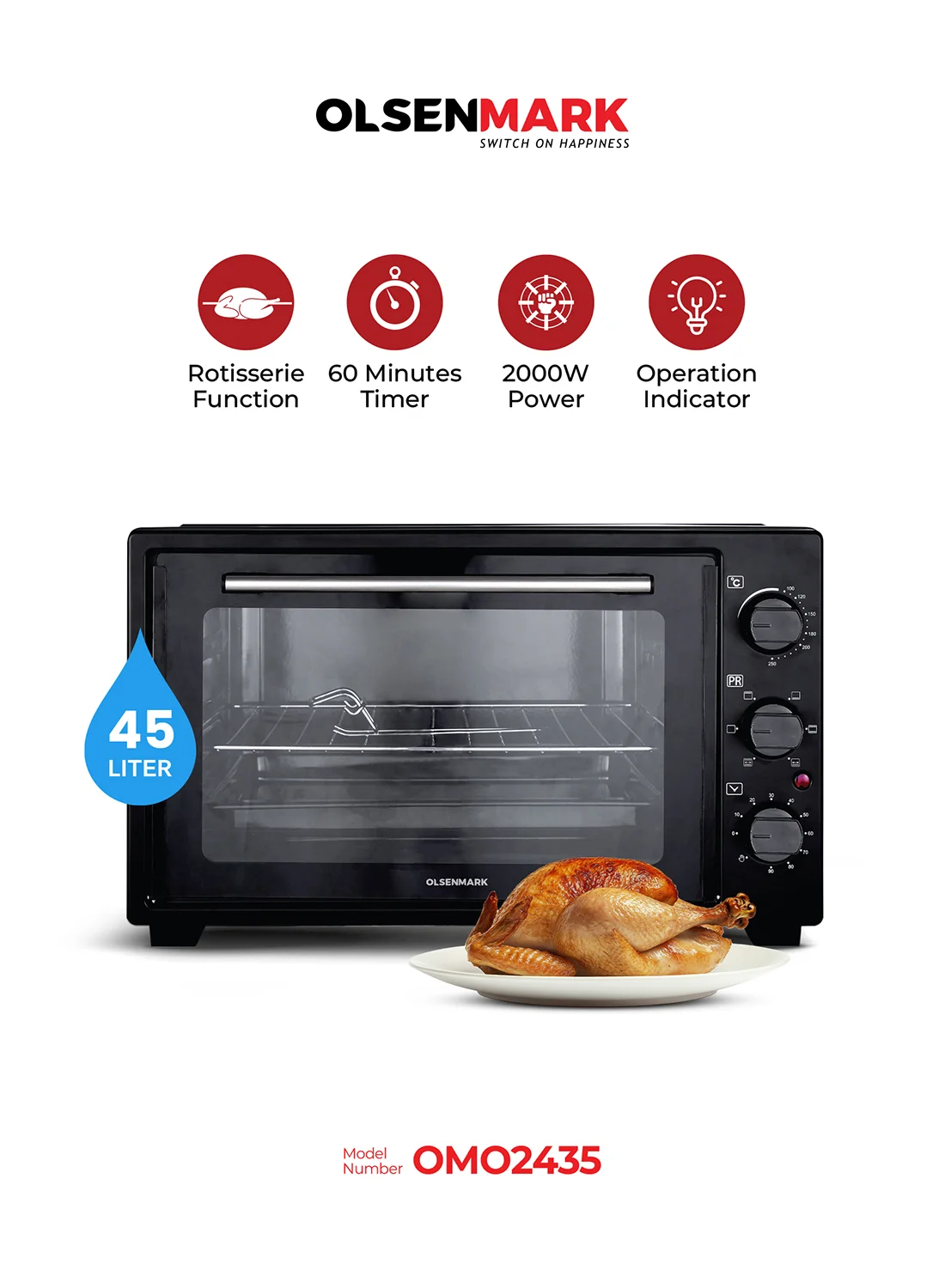 Olsenmark Electric Kitchen Oven Countertop Convection Cooker with Baking Pan (Black, 45 L) kpjp9