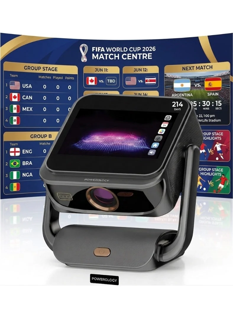 Powerology Pharos Smart Projector with 10.1-inch IPS Touch Display, Native 1080P Resolution, Android 12, 500 Lumens, Auto Keystone & Electric Focus (Gray) ww40l