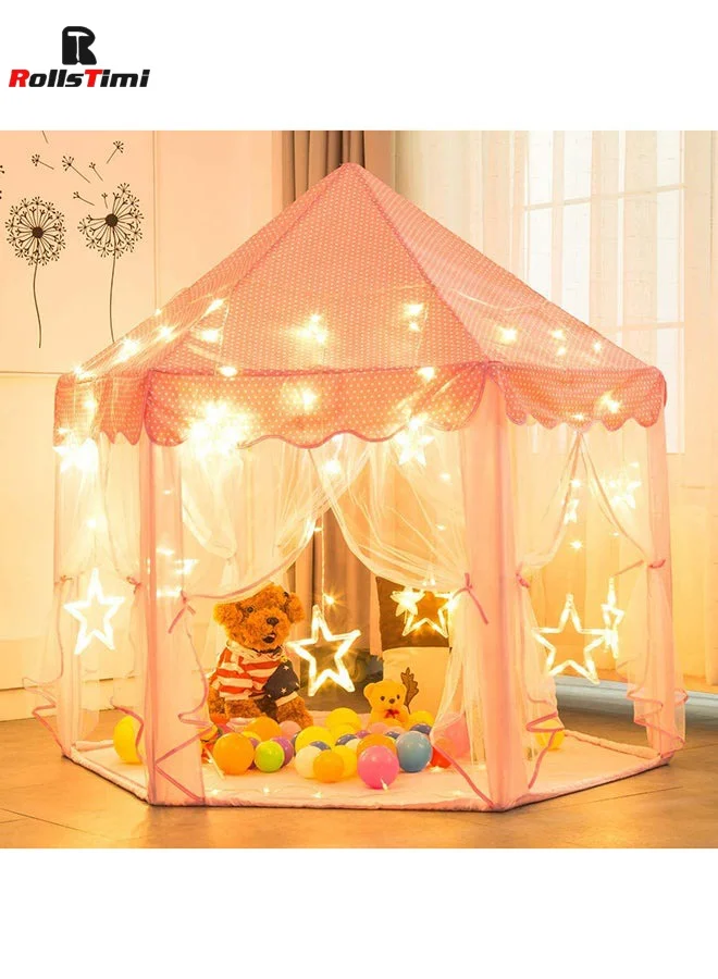 RollsTimi Princess Castle Play Tent for Kids Large Playhouse with Fairy Star Lights (Pink, 135 cm x 105 cm) 6z978
