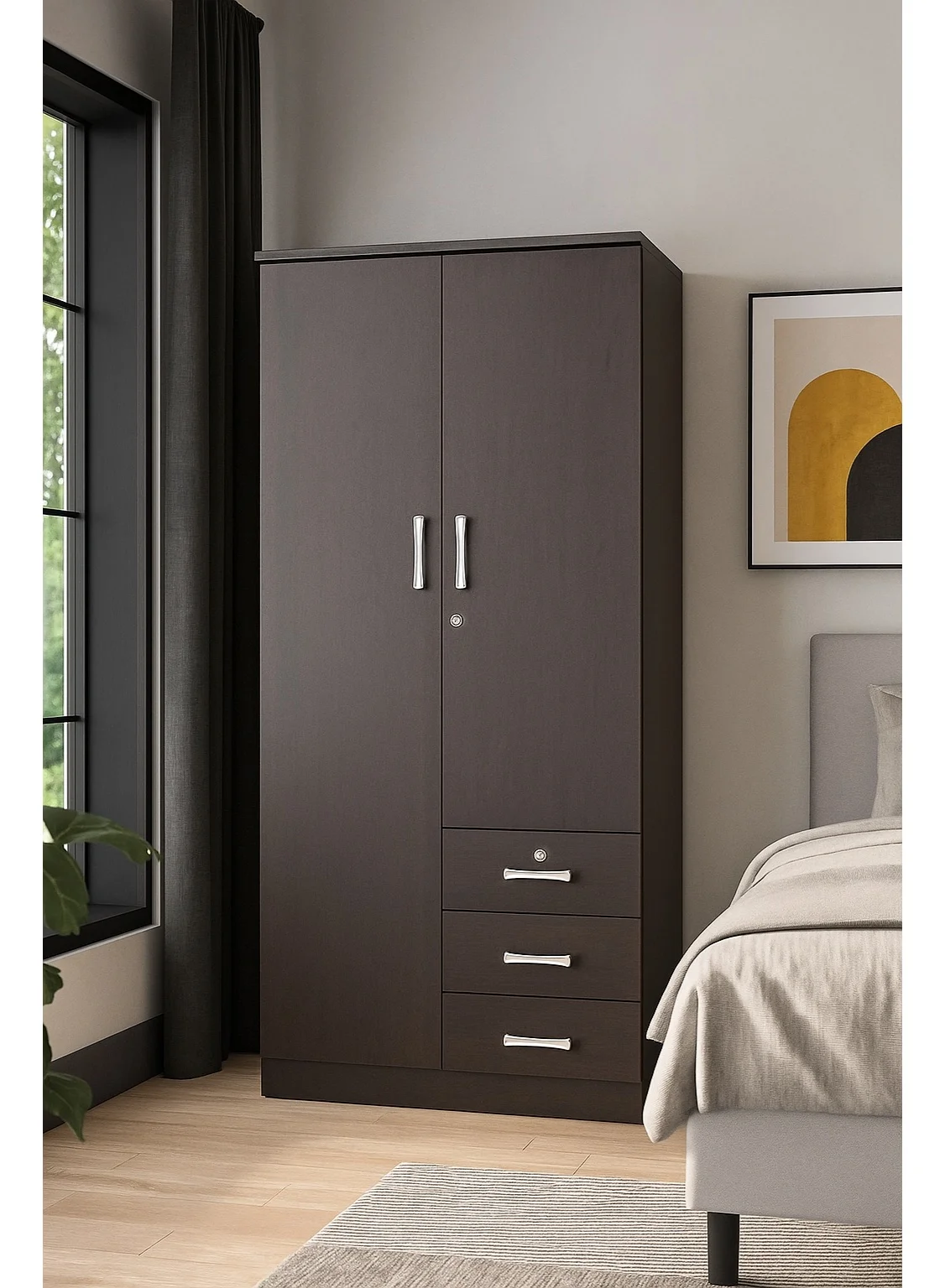 AFT 2-Door Wardrobe with 3 Drawers and Hanging Rod (Dark Brown, 180cm x 80cm x 50cm) ufpqz
