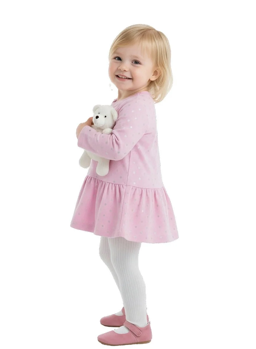 WiNi BEE Baby Girl Long Sleeve Dress, Premium Cotton Dot Printed Casual Outfit for Newborn Infant (Pink, 0-24 Months) 5hszz