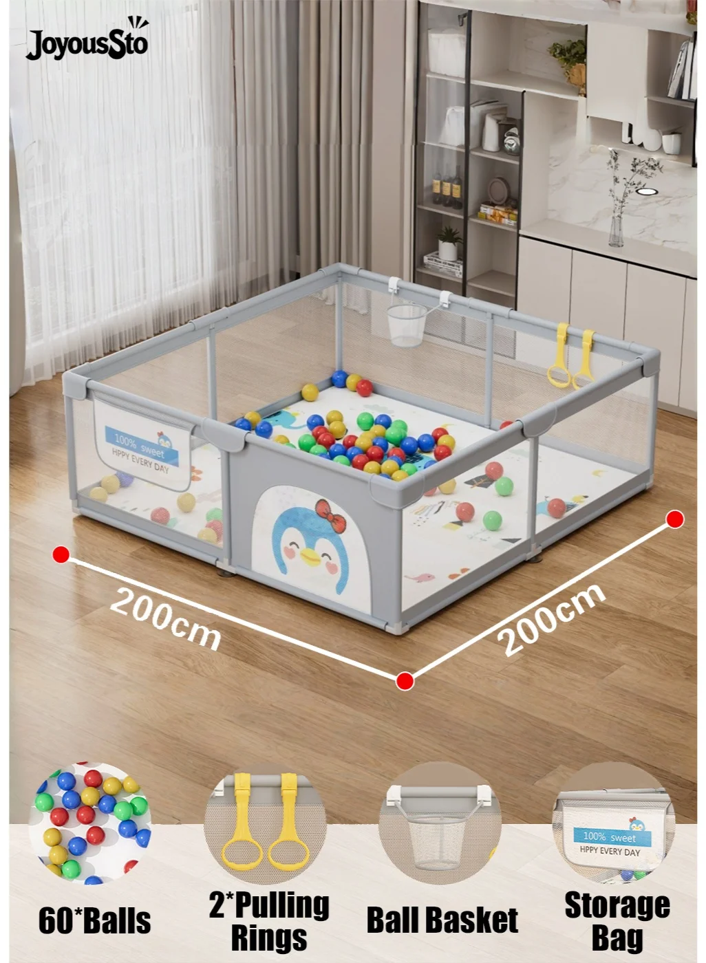 JoyousSto Extra Large Baby Playpen with Breathable Mesh and Activity Set (200cm x 200cm) vofqm