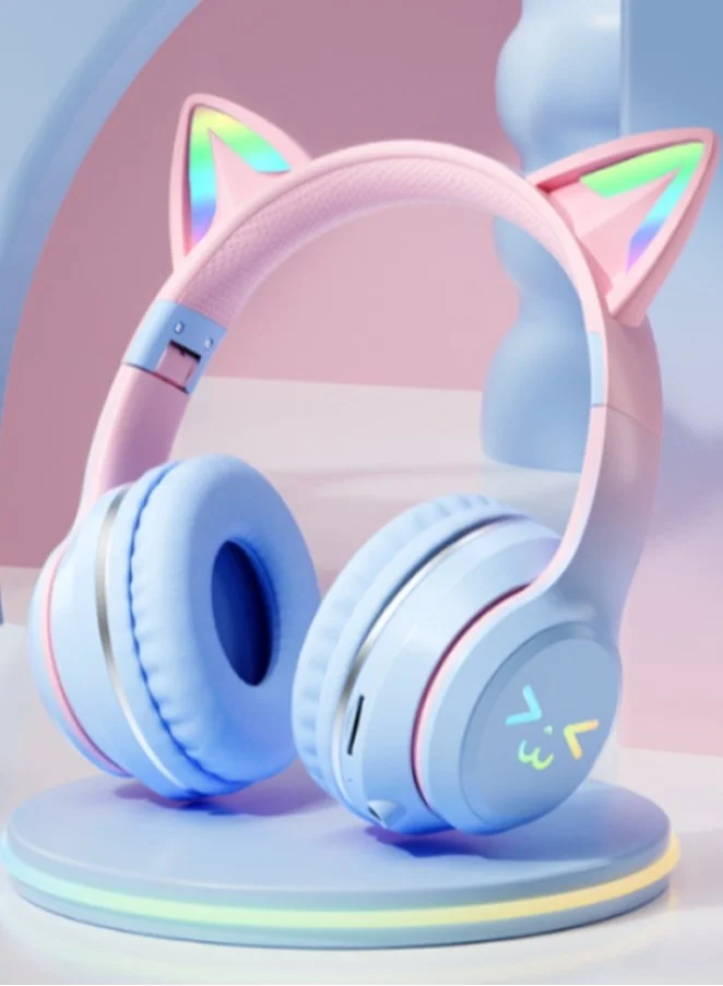 GUDOO Bluetooth Cat Ear Headphones Wireless Foldable Headset with RGB LED Lights (For Kids, Pink) ckfu2