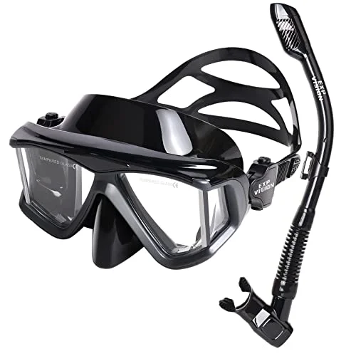 EXP VISION Snorkel Set Professional Dry Top Snorkel Mask with Tempered Glass Lens for Adult Scuba Diving and Freediving (Black) w0gc5