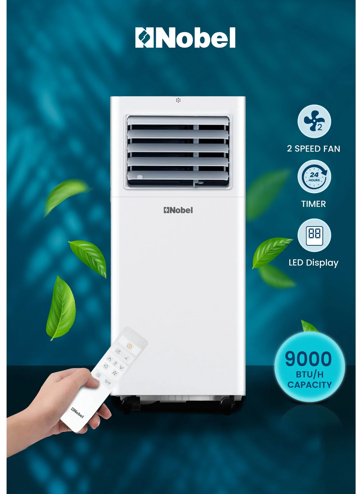 Nobel Portable Air Conditioner 9000 BTU 3-in-1 Cooling Fan and Dehumidifier with Remote Control (White, 1220 W) o38tk