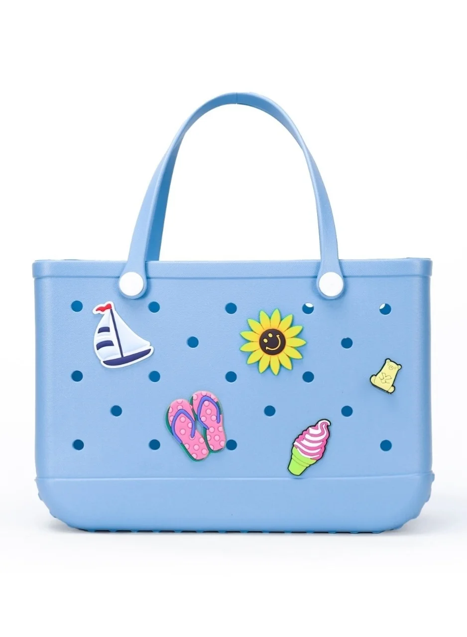 Premium EVA Rubber Beach Tote Bag Waterproof Summer Carryall with 5 Charms (Sky Blue, 48x32x20 cm) xn2va