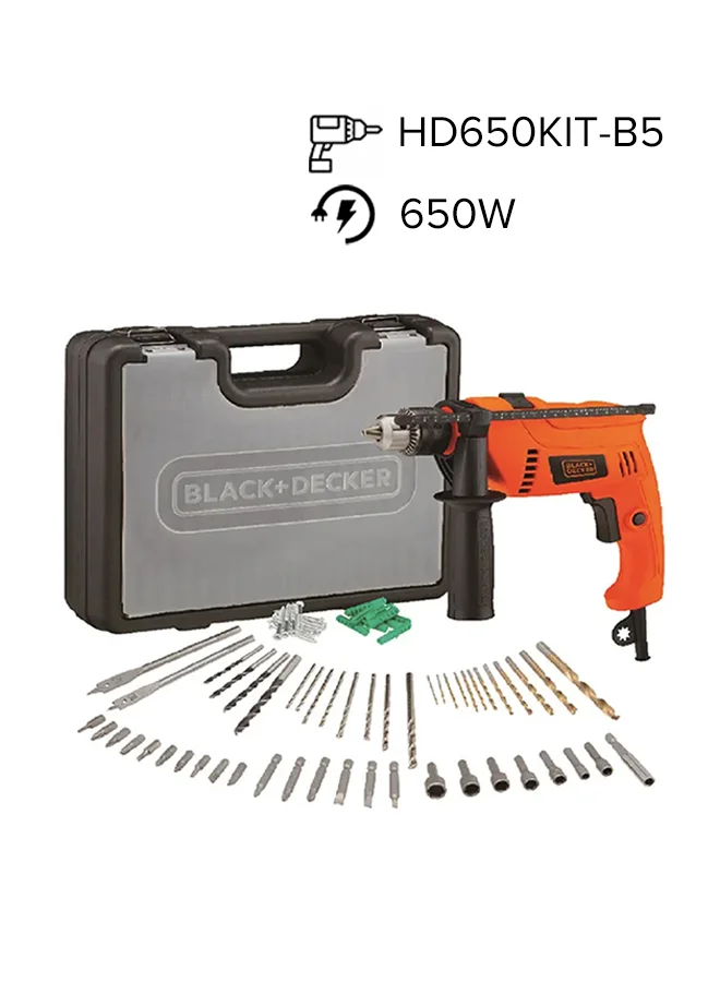Professional Corded Hammer Drill Set with 50-Piece Accessory Kit, 650W Power, 13mm Chuck, for Metal, Concrete and Wood Drilling (Orange, 650W) 6bski