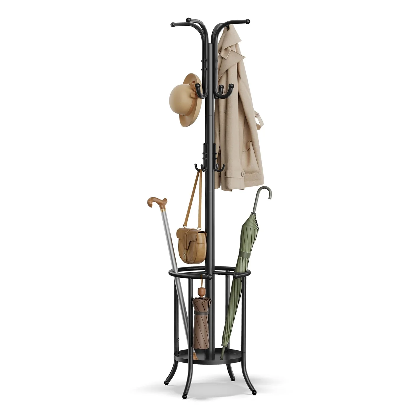Premium Freestanding Coat Rack with Umbrella Holder and 12 Hooks for Entryway Hallway (Black, 175 cm) w6lq5