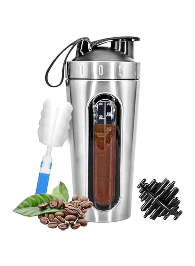 HOOKOR Stainless Steel Protein Shaker Cup with Mixing Ball and Measuring Window (Silver, 828 mL) 92ud6