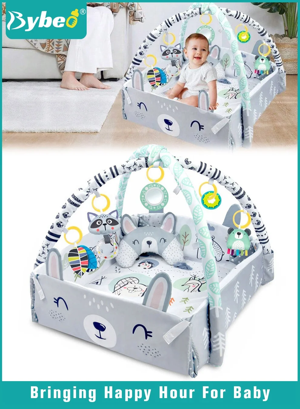Bybeo 4-in-1 Baby Gym Play Mat, Foldable Infant Activity Center with Detachable Sensory Toys for Tummy Time (Newborn to Toddler, 85 cm x 85 cm) 5rar0
