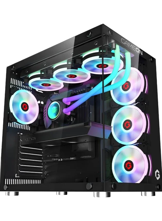 GAMEON Emperor Midnight I Series Mid Tower PC Gaming Case with Tempered Glass and 7 Pre-installed ARGB PWM Cooling Fans (Black) 05y1u