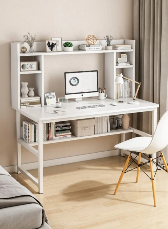 Harlan Minimalist Computer Desk with Integrated Bookshelves and Storage Rack (White, 120 cm) hnioq
